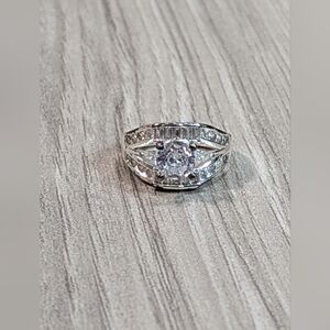 Women's Brilliant Round Baguette CZ Silver Plated Engagement Cocktail Ring